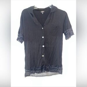 Cosabella Black Button Front Top Lace Trim Hem Sleeves Made in Italy Sz S